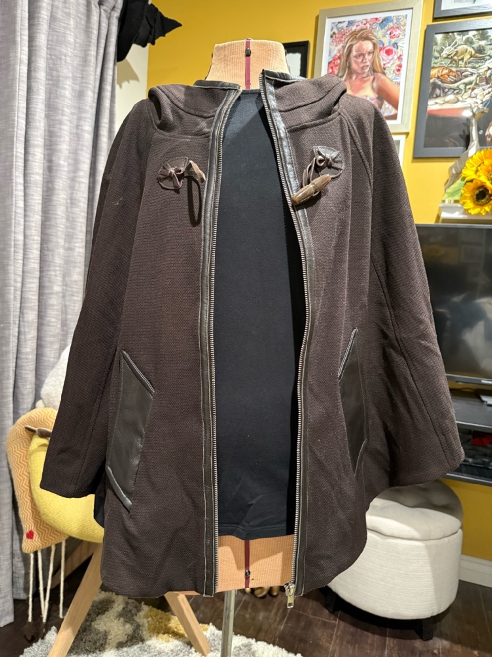 Eva Franco Brown Satin-Lined Coat with Leather Trim and Bone Toggle Closure